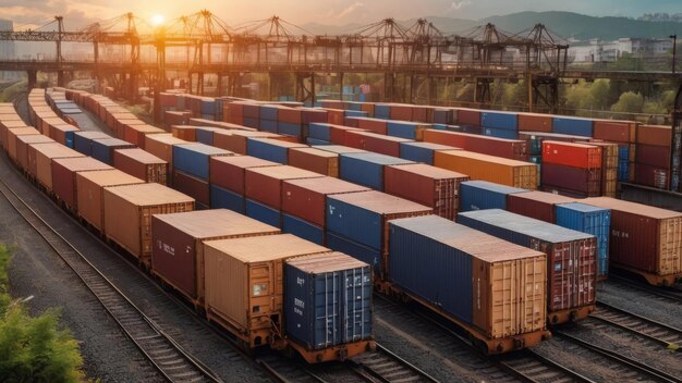 freight train with cargo containers waiting delivery rail yard sunset 972071 1814